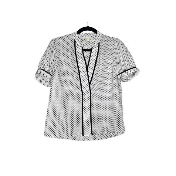 MONTEAU|V-NECK SHORT SLEEVE BLOUSE TOP DOTTED BLACK & WHITE S - Picture 1 of 8
